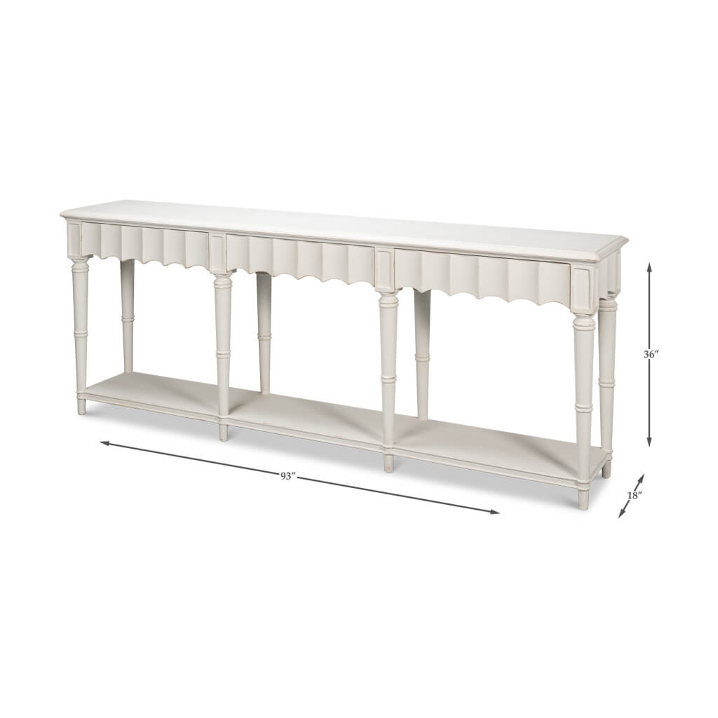 Dimensions of large French country console table shown.
