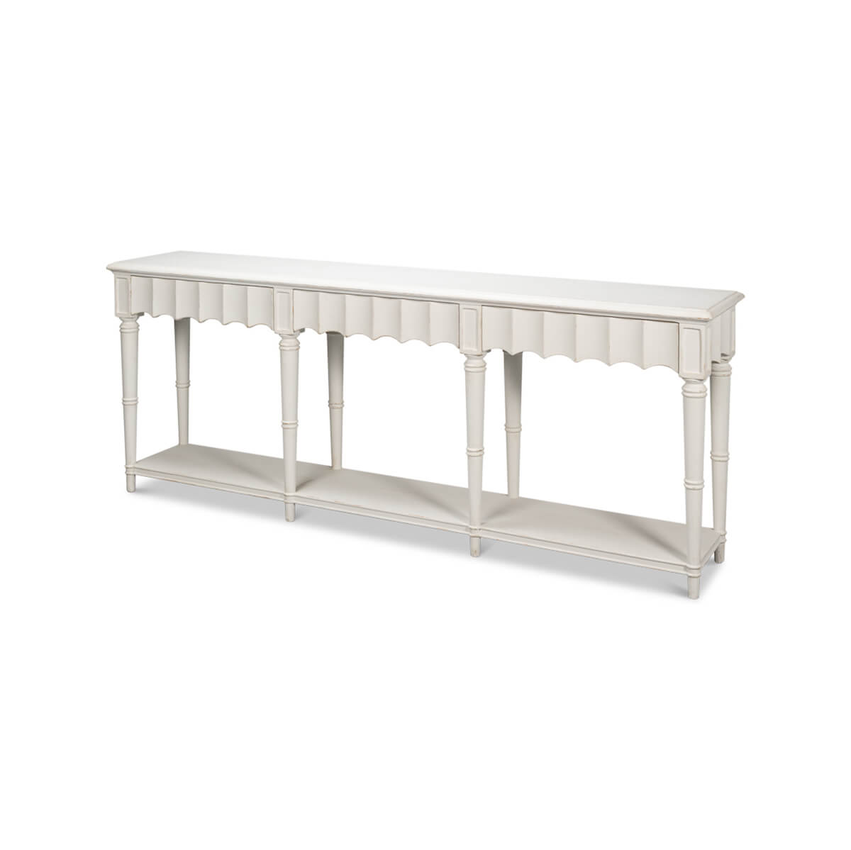 Side view of antique white console table.