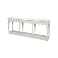 Side view of antique white console table.
