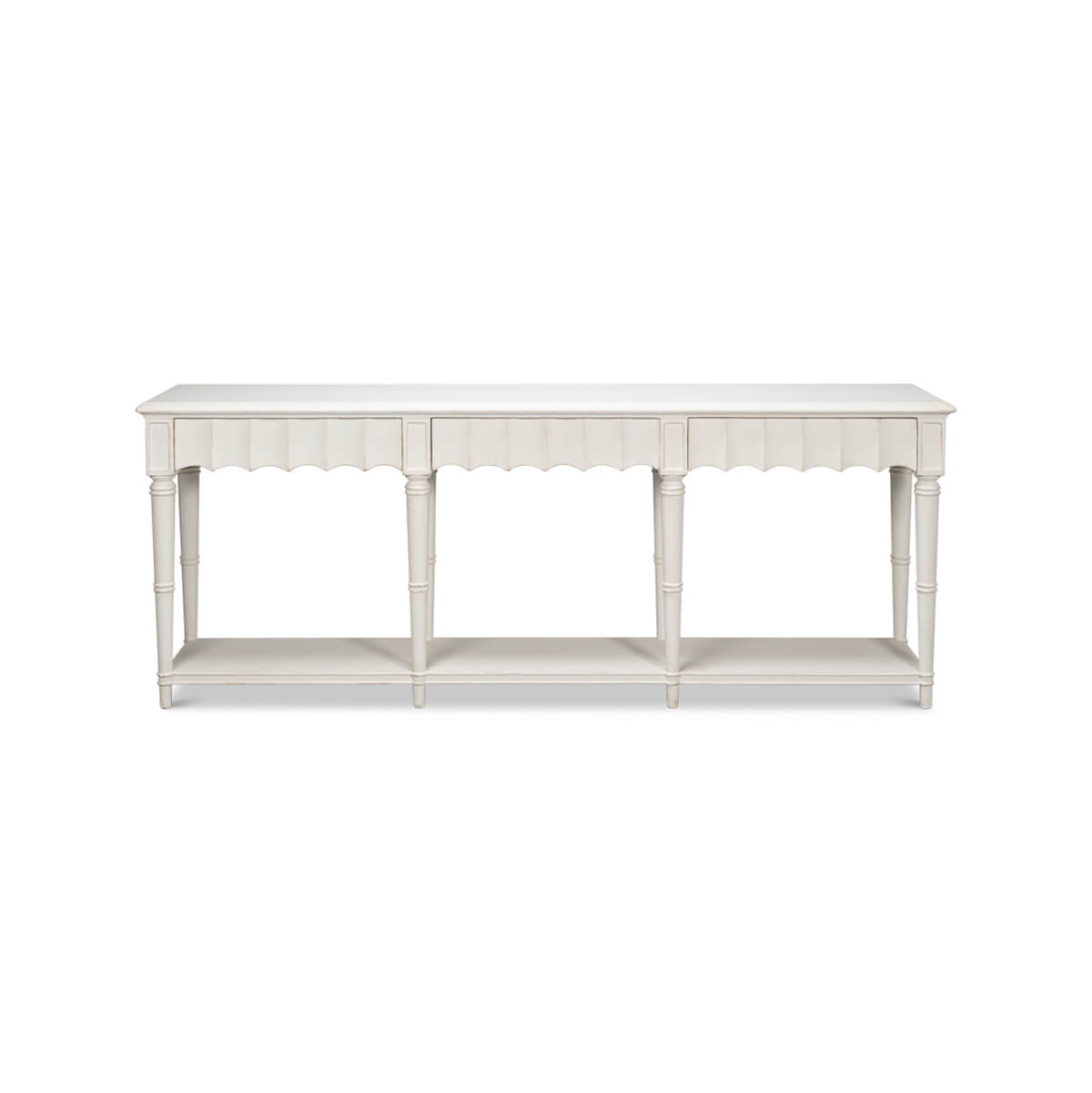 Front view of large French country console table.