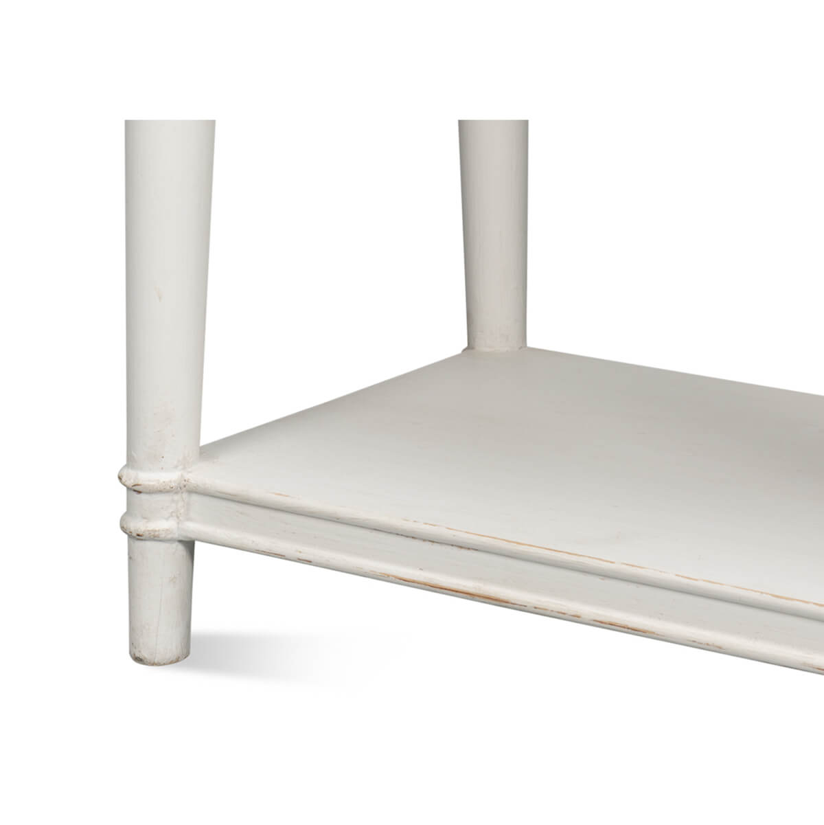 Close-up of leg and shelf detail, console table.