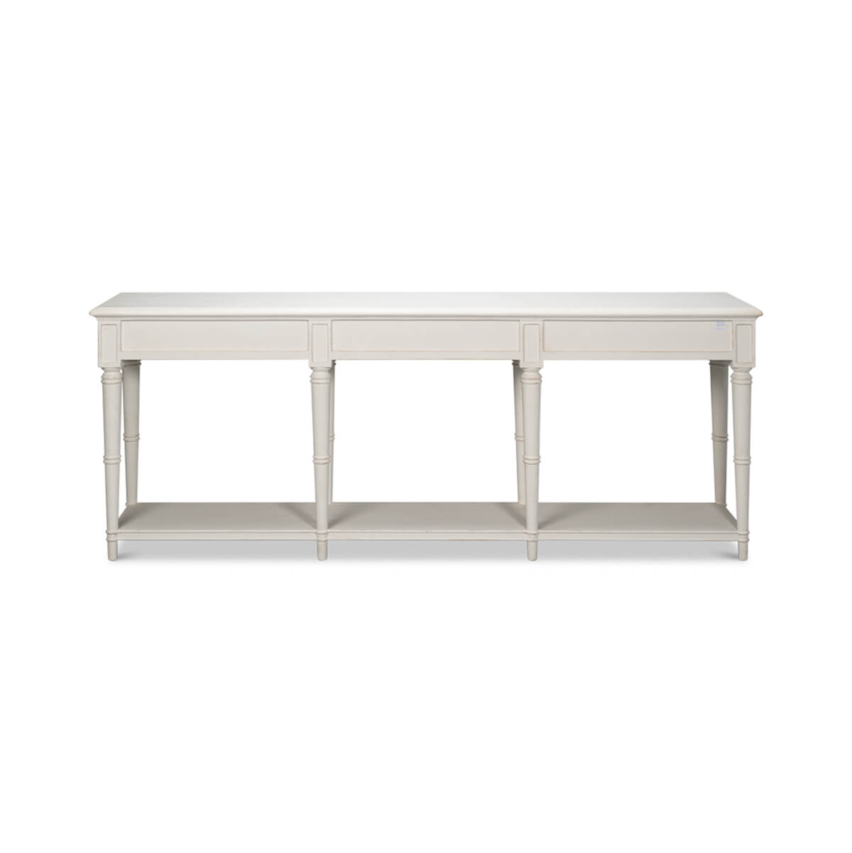 Straight front view, large white console table.