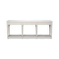 Straight front view, large white console table.