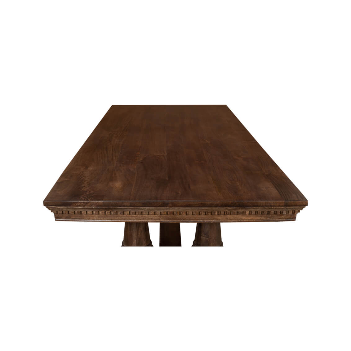 Narrow dining table top view, intricate edge design.