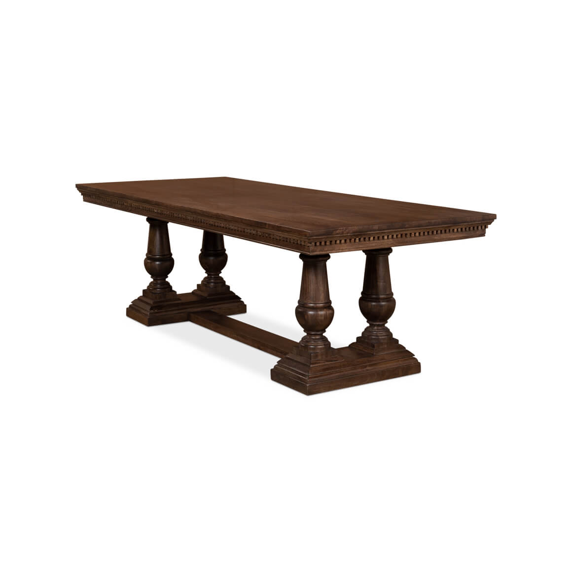 Side view of dining table, intricate base design.