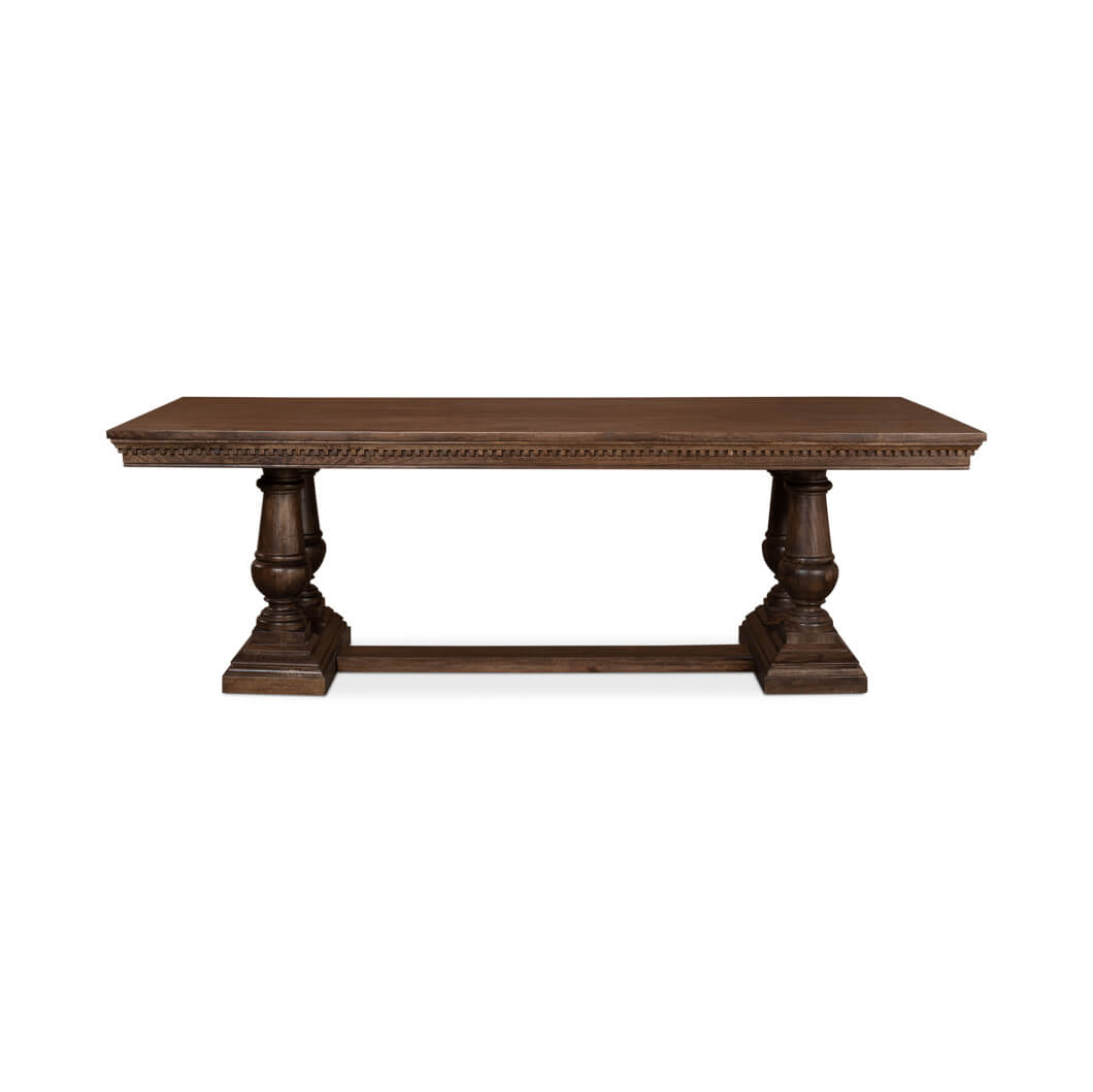 Dining table front view, ornate legs, dark finish.