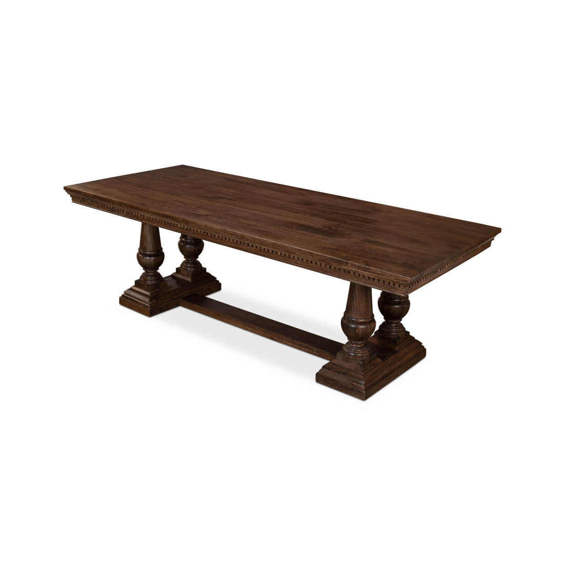 Overhead angle of dining table, rich wood texture visible.