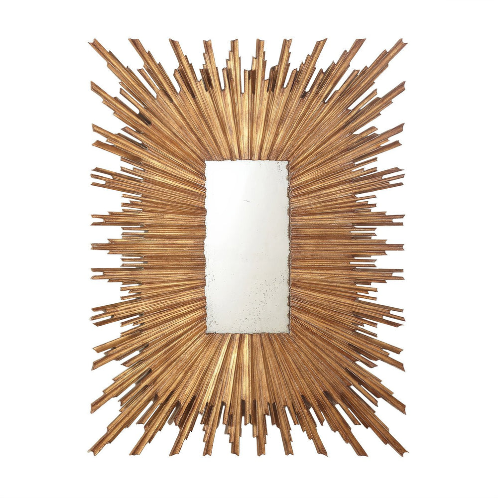 Large gold sunburst mirror with rectangular center, front view.