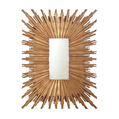 Large gold sunburst mirror with rectangular center, front view.