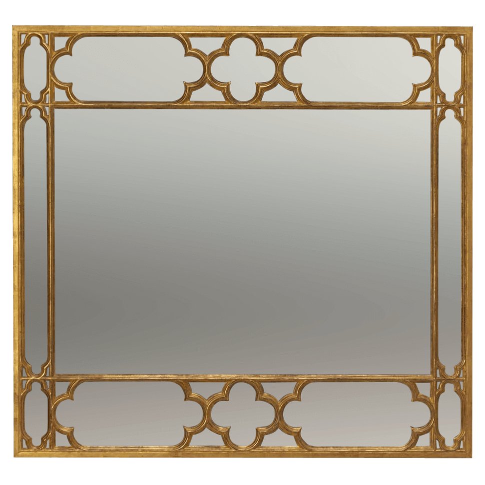 Large Gothic over mantle mirror with decorative gold frame.