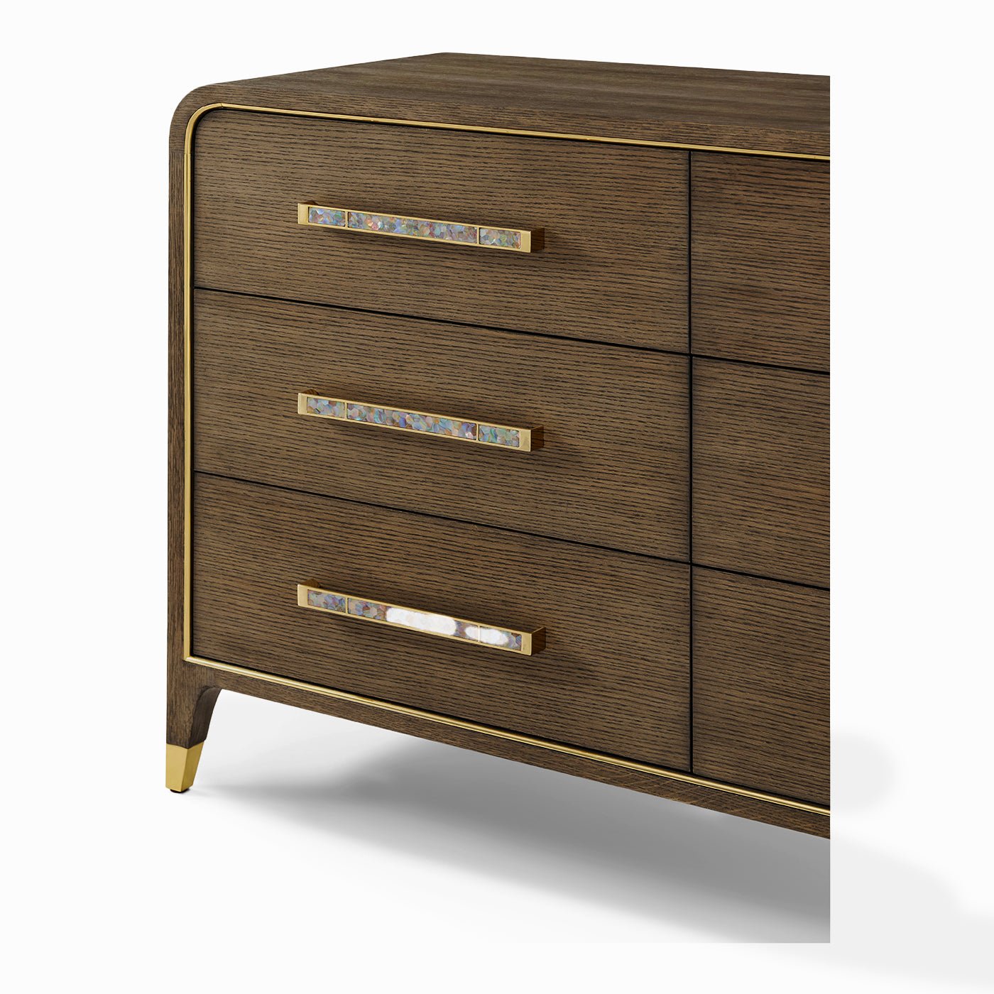 Close-up of drawer handles on Regency dresser.