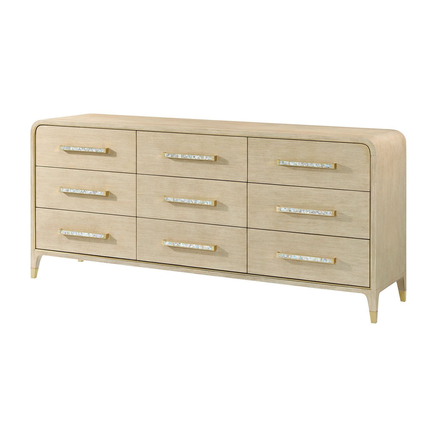 Large dresser, light finish, six drawers, angled view.