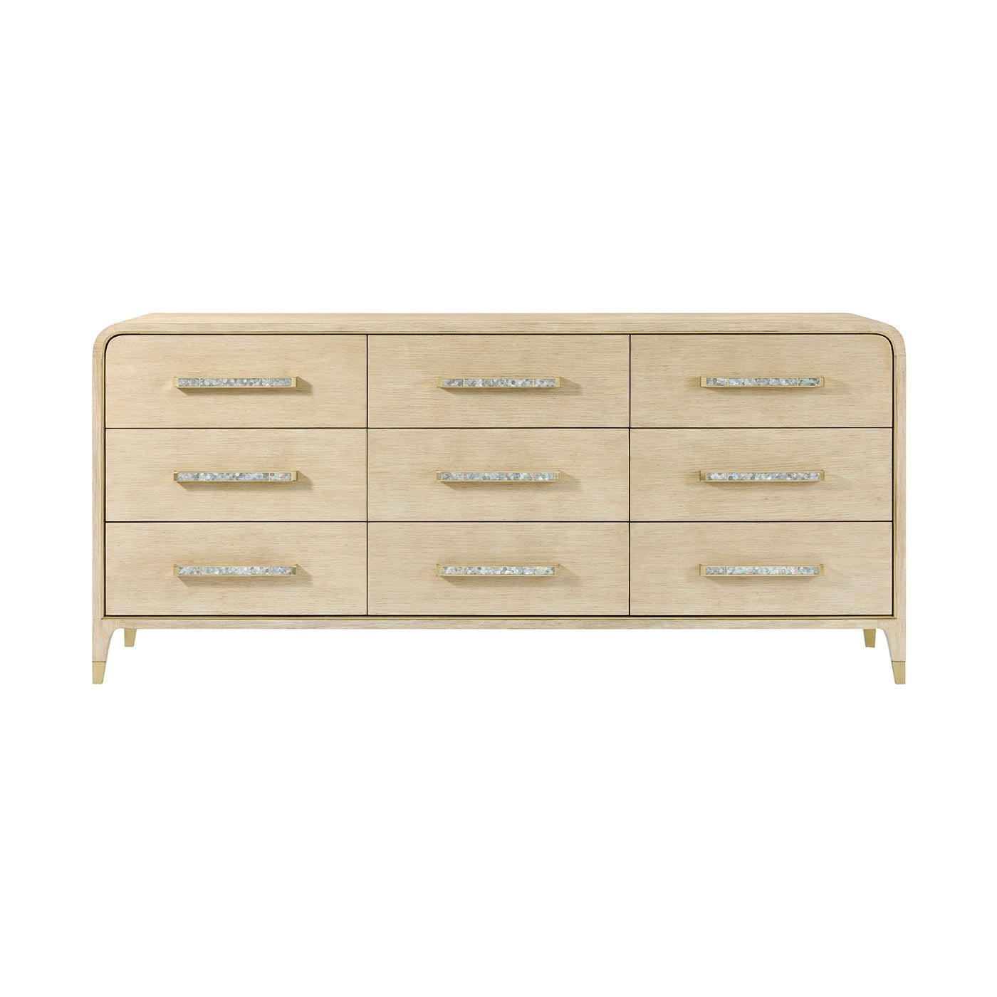 Front view of large six-drawer dresser, light color.