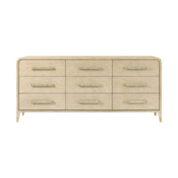 Front view of large six-drawer dresser, light color.