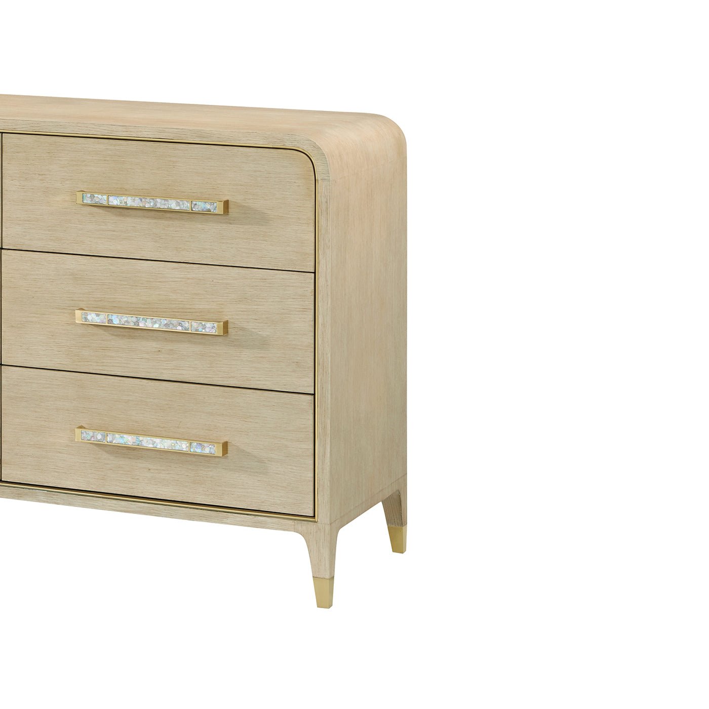 Side view of dresser, light finish, showing three drawers.