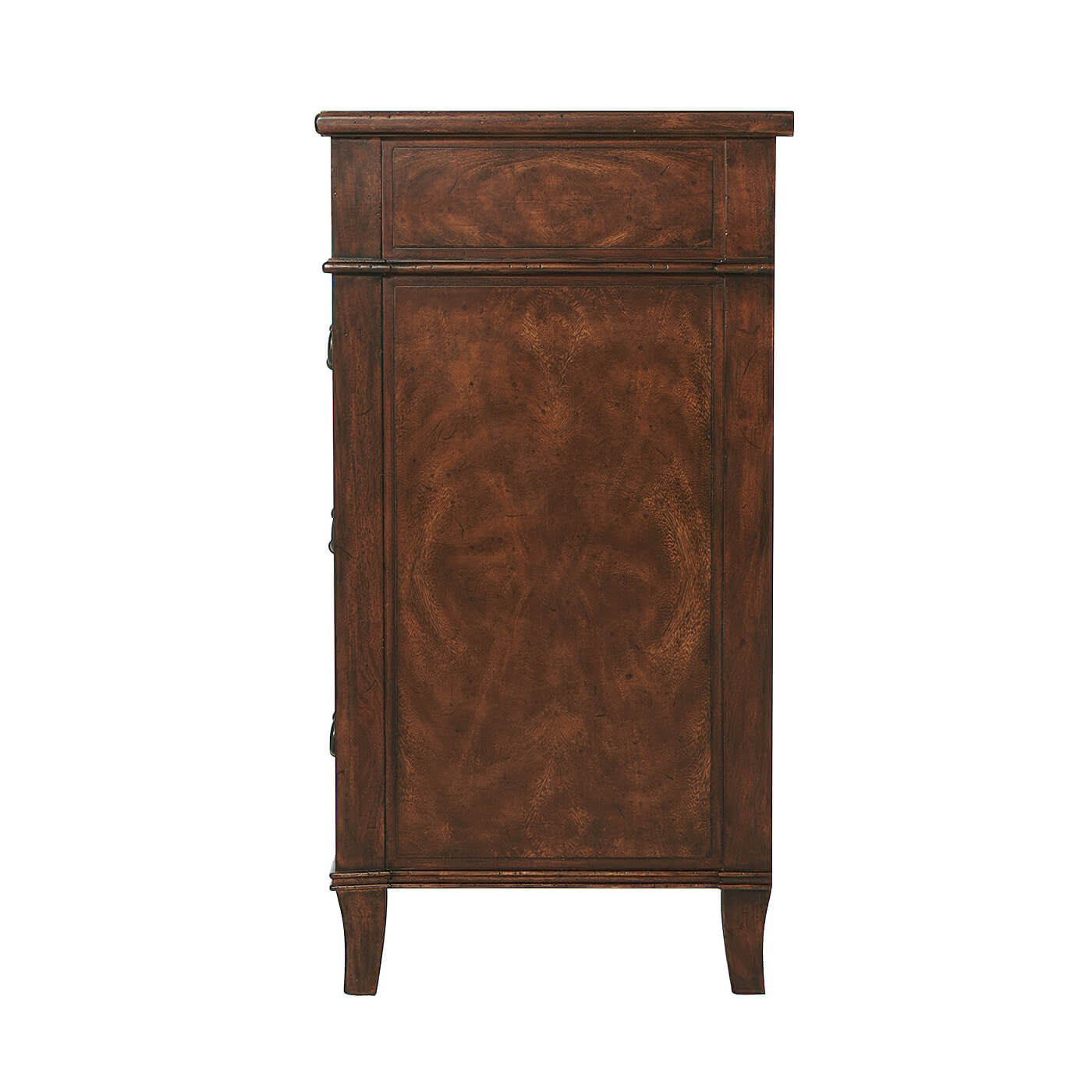 Side view of Italian chest of drawers, wood detailing.