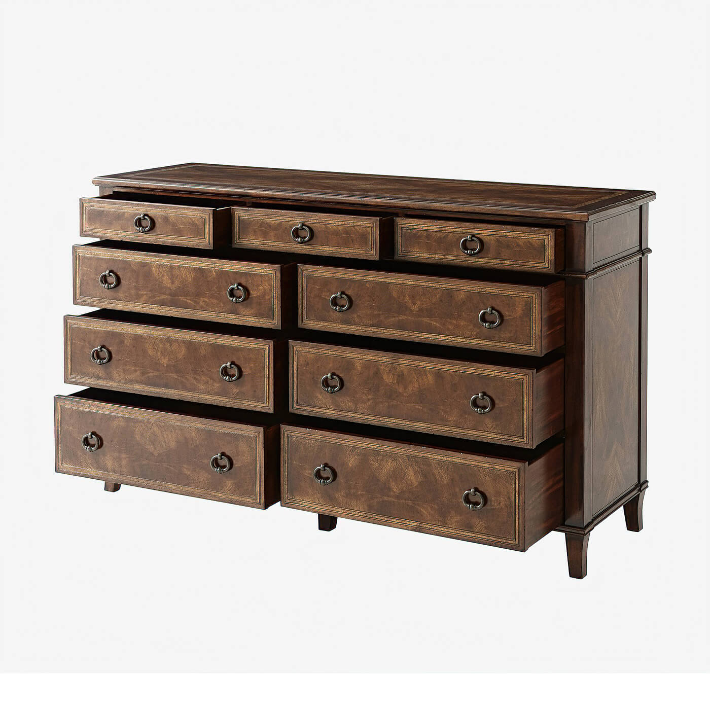 Italian chest of drawers, open drawers, rich wood texture.