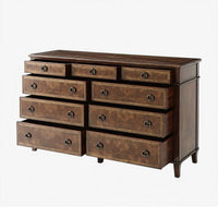 Italian chest of drawers, open drawers, rich wood texture.