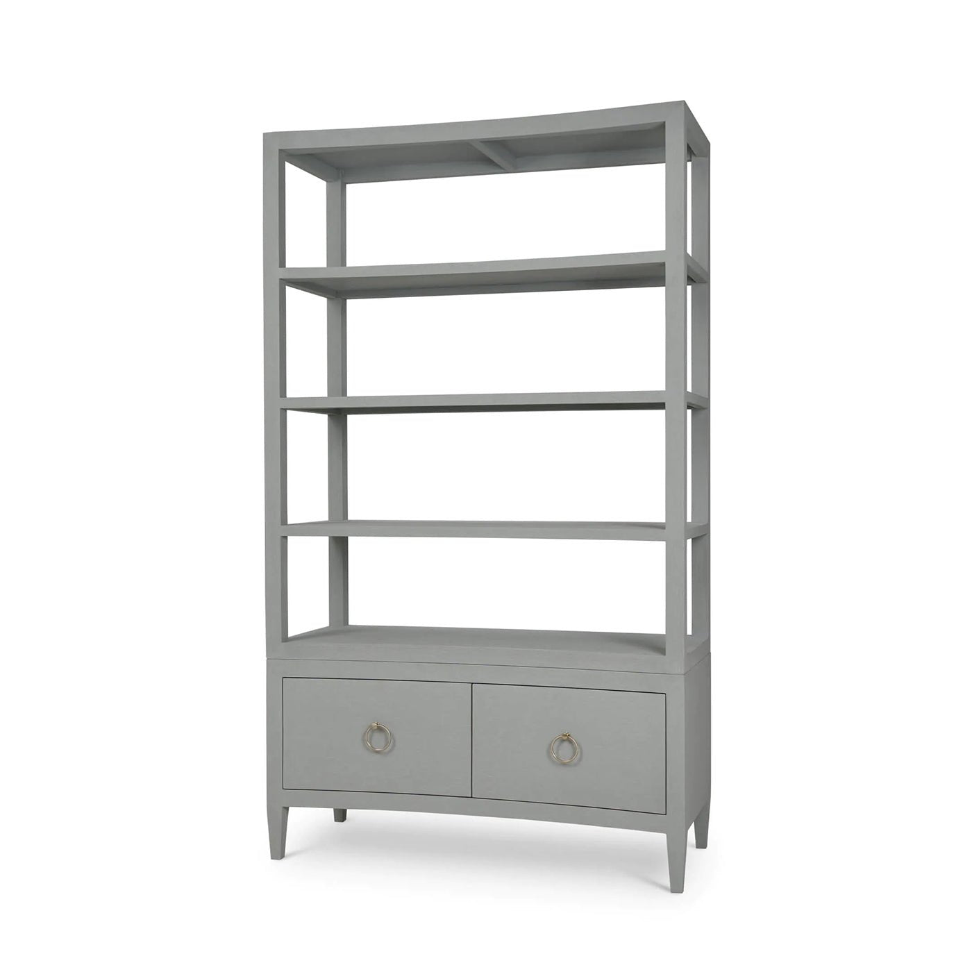 Large pale blue etagere with drawers, angled view.