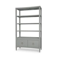 Large pale blue etagere with drawers, angled view.