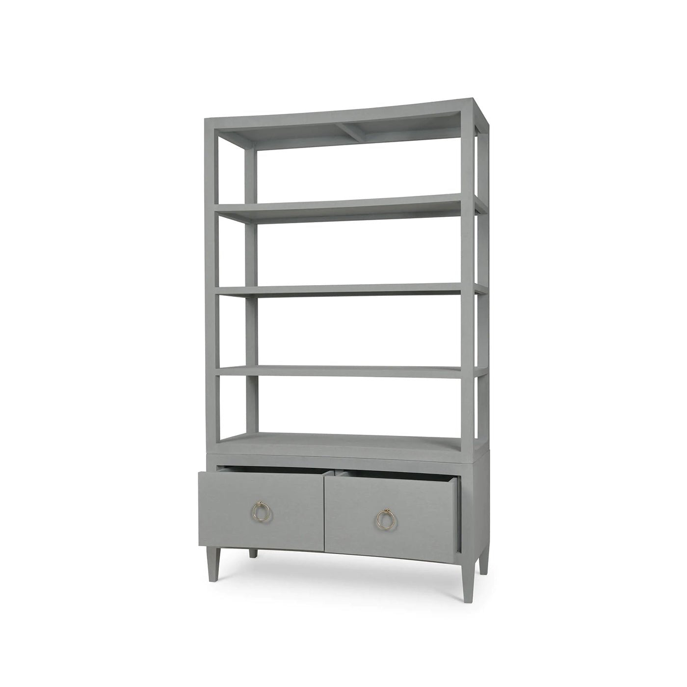 Large etagere with open drawers, pale blue design.