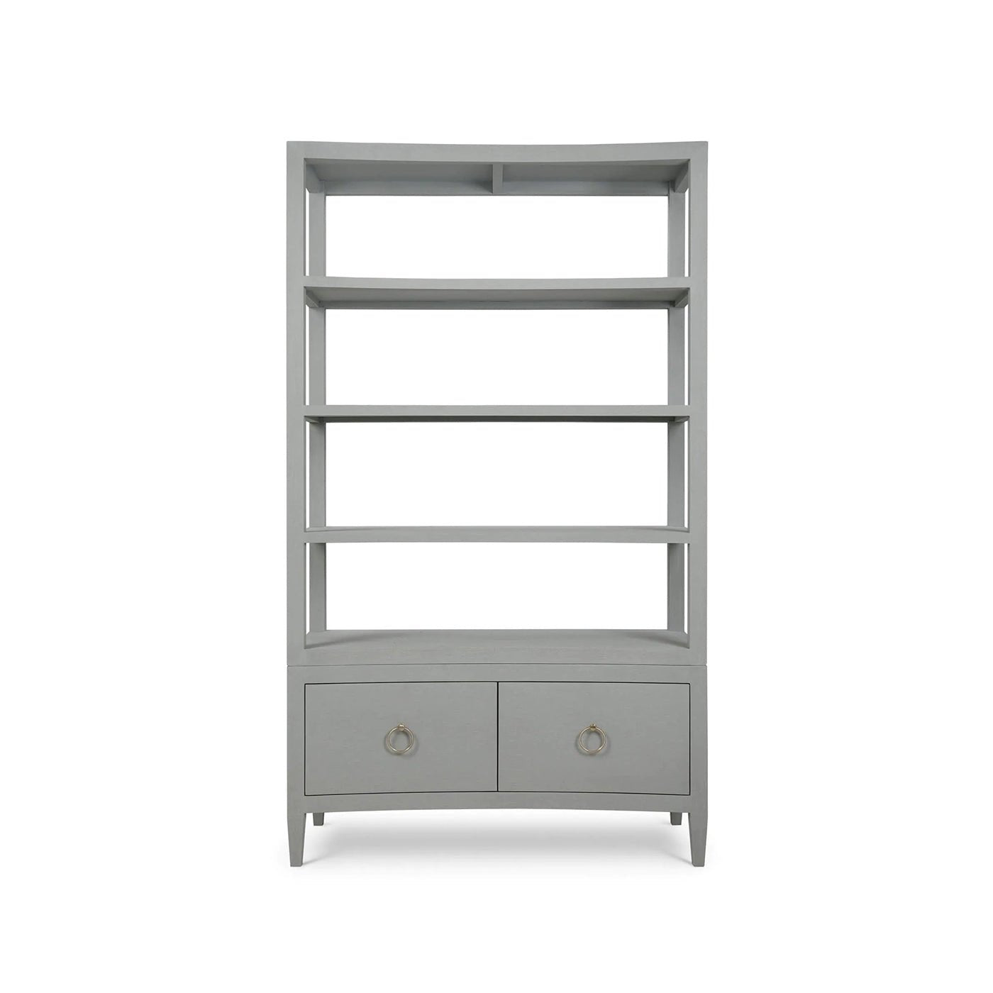 Front view of large pale blue etagere with shelves.