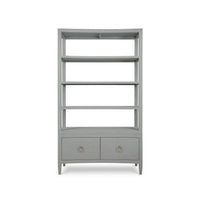 Front view of large pale blue etagere with shelves.
