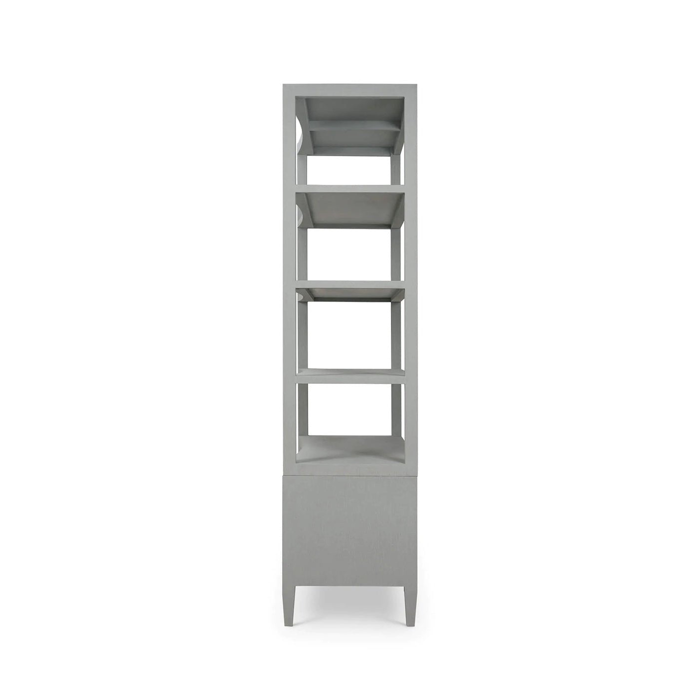 Side view of pale blue etagere with shelves.
