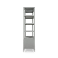 Side view of pale blue etagere with shelves.