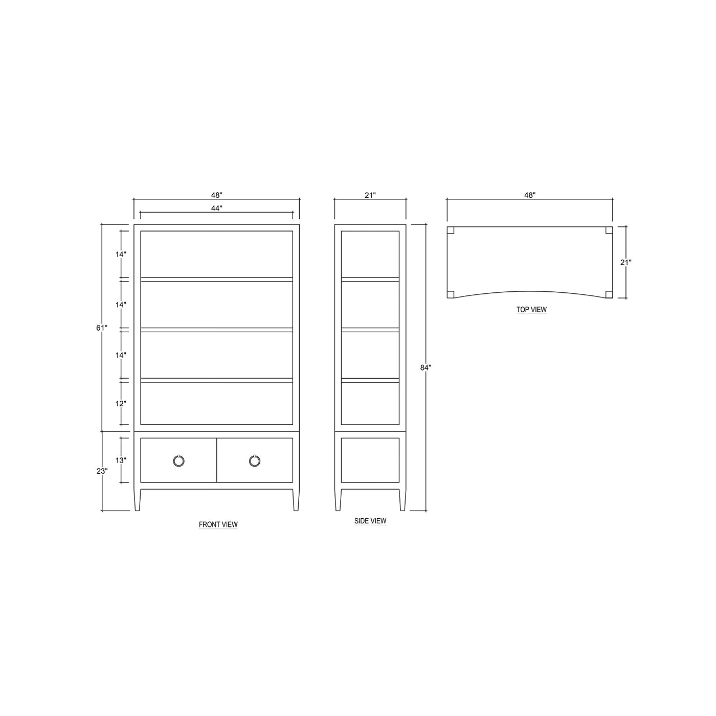 Technical drawing of pale blue etagere dimensions and views.