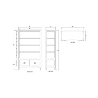 Technical drawing of pale blue etagere dimensions and views.