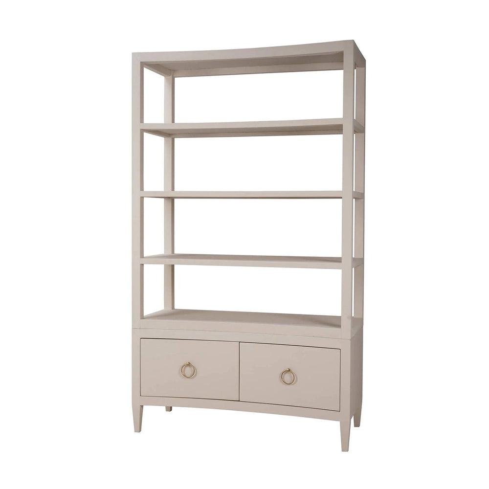 Beige etagere with shelves, angled front view.