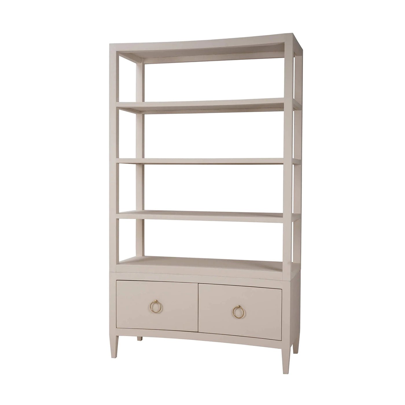 Beige etagere with shelves, angled front view.