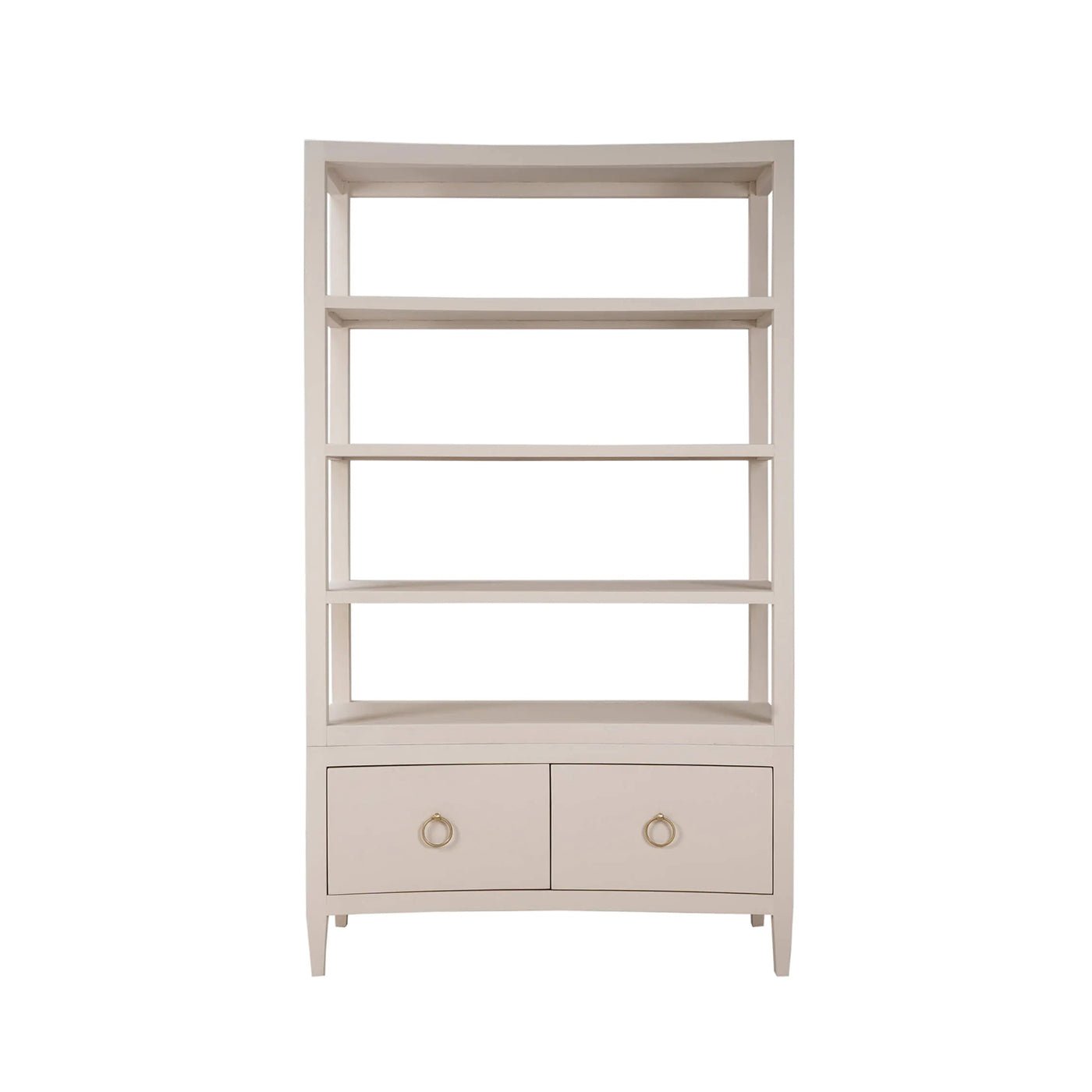 Beige etagere with shelves, straight front view.