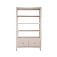 Beige etagere with shelves, straight front view.