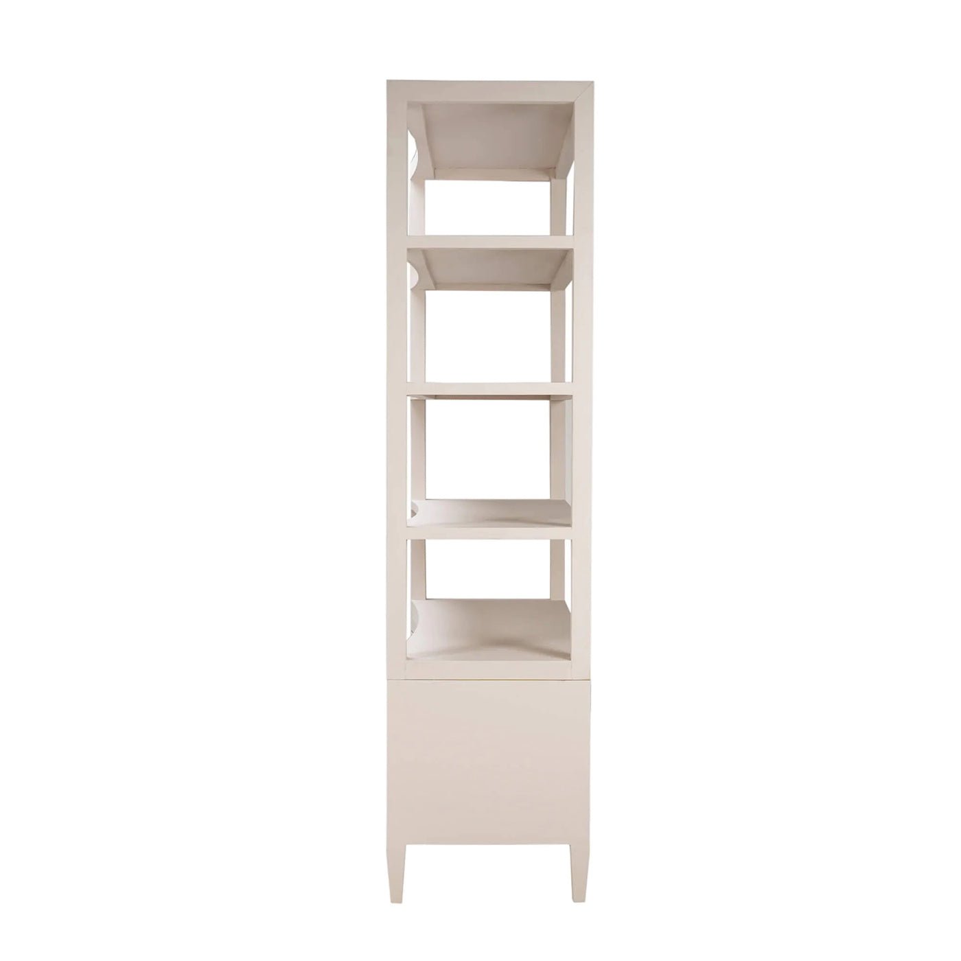 Beige etagere side view, showing depth and shelves.