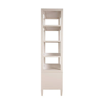 Beige etagere side view, showing depth and shelves.