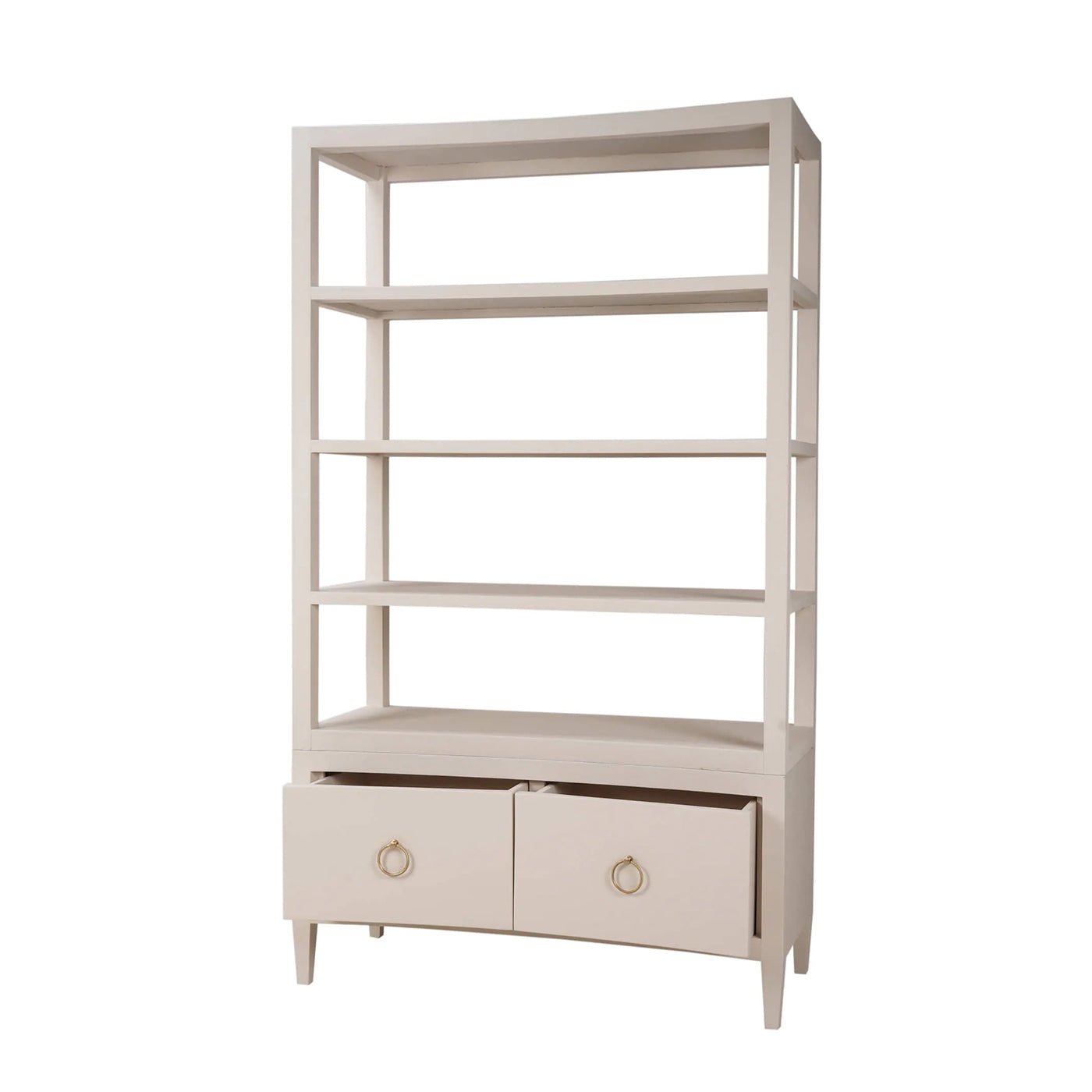Beige etagere with open drawers, angled front view.