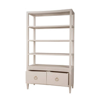 Beige etagere with open drawers, angled front view.