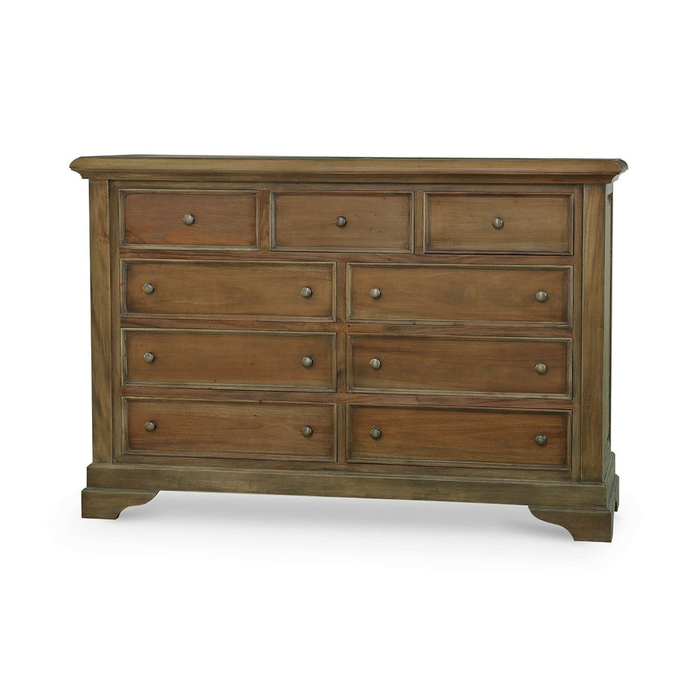 Large mahogany dresser isolated on white background, nine drawers.
