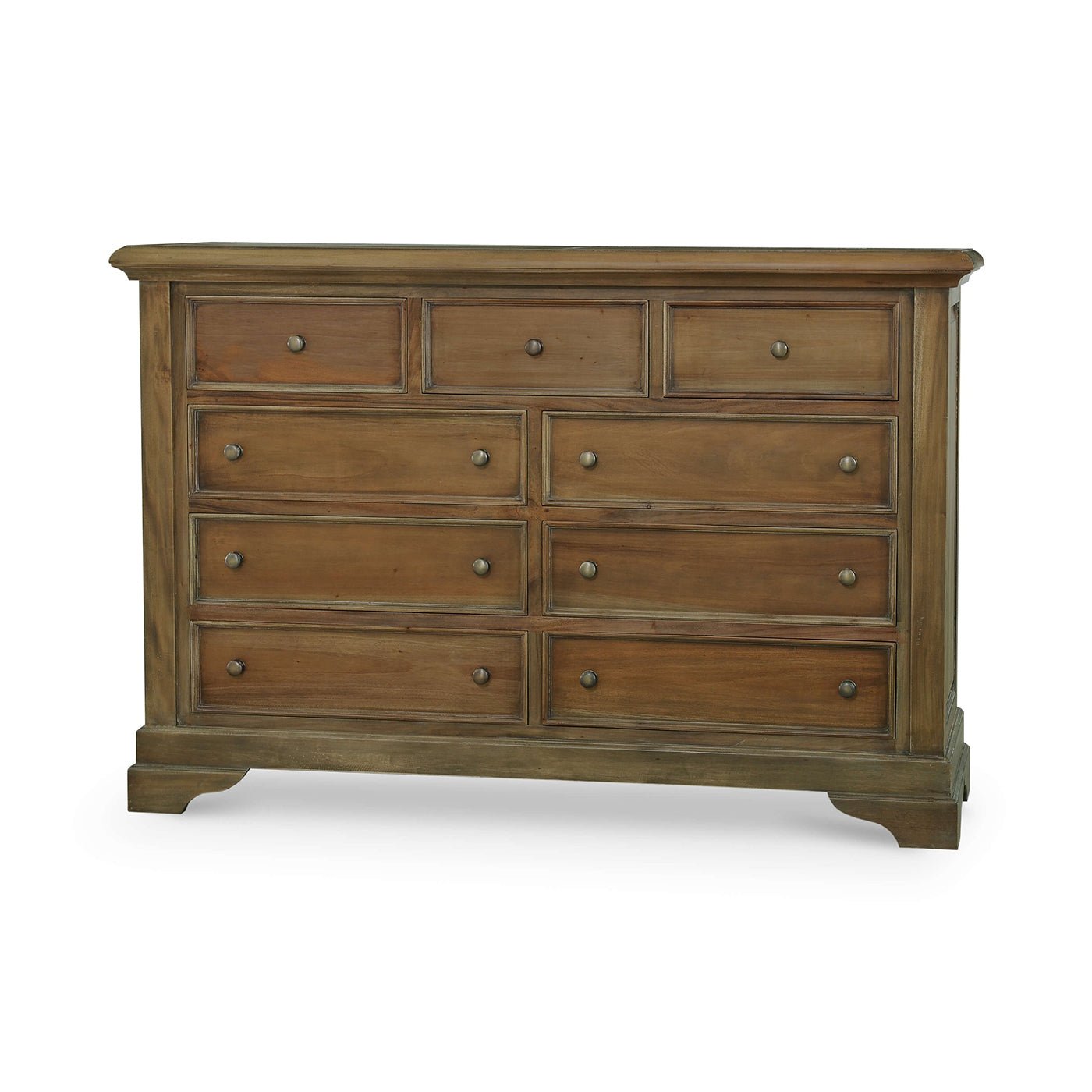 Large mahogany dresser isolated on white background, nine drawers.