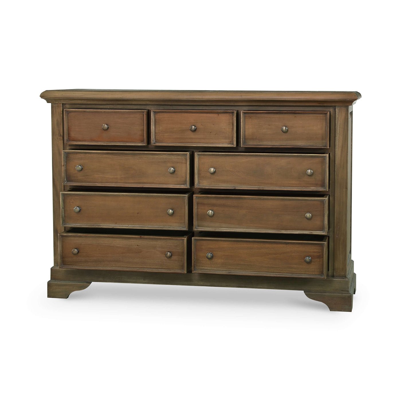 Angled view of large mahogany dresser, nine drawers, white backdrop.