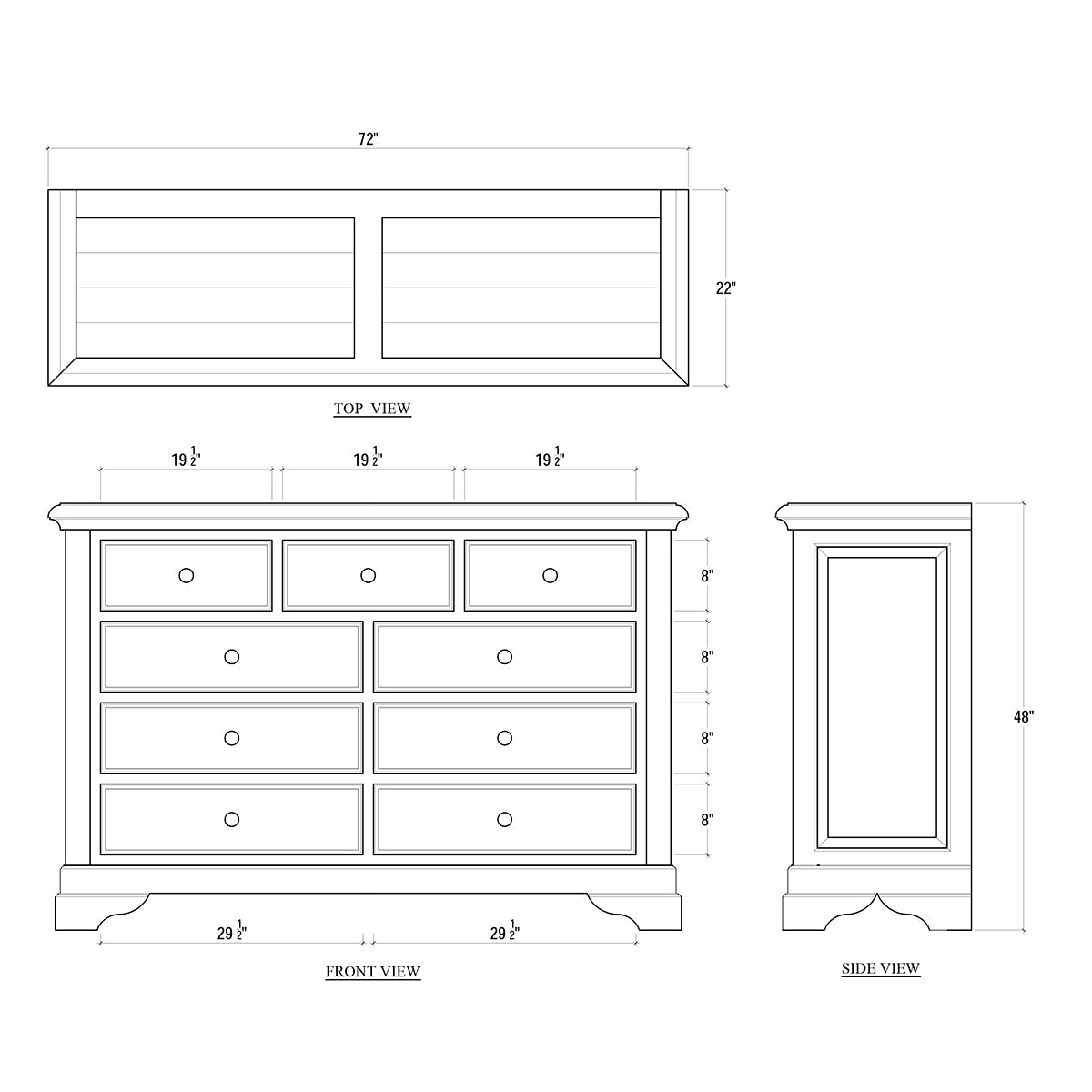Technical drawing of large mahogany dresser, dimensions and design details.