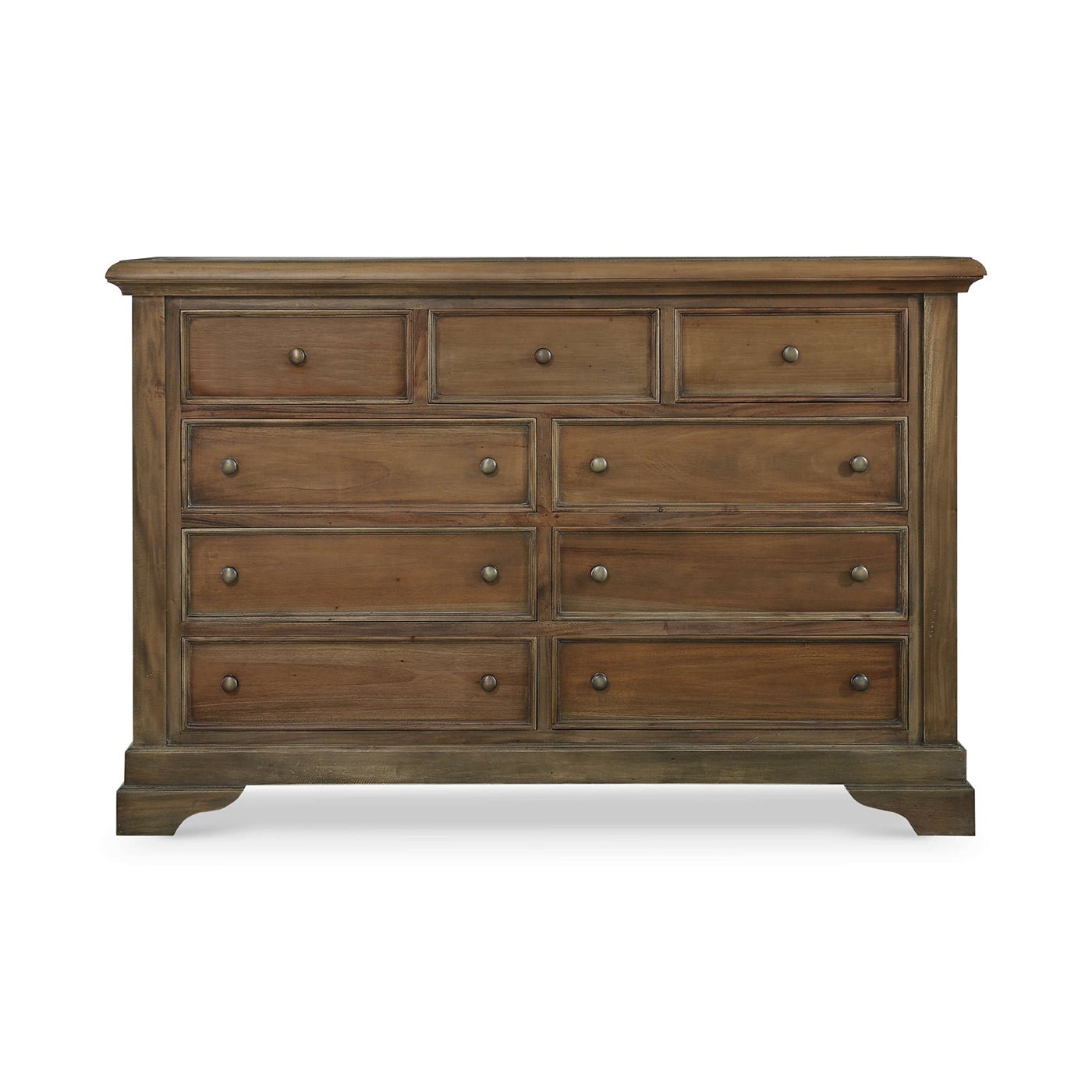 Front view of large mahogany dresser, nine drawers, white background.