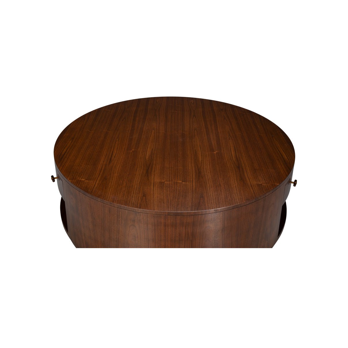Top view of large round wood coffee table.