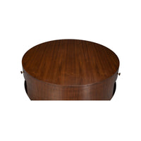 Top view of large round wood coffee table.