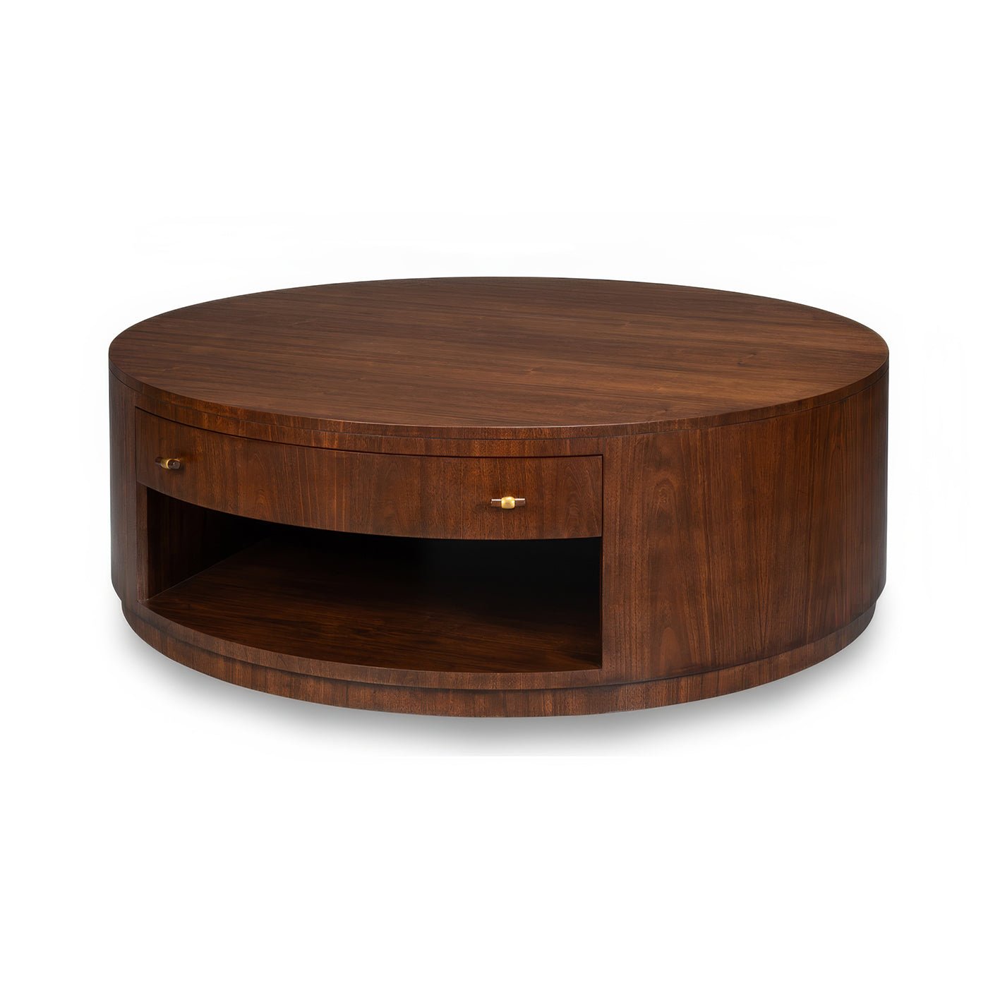 Large round coffee table with drawer, mid-century modern style.