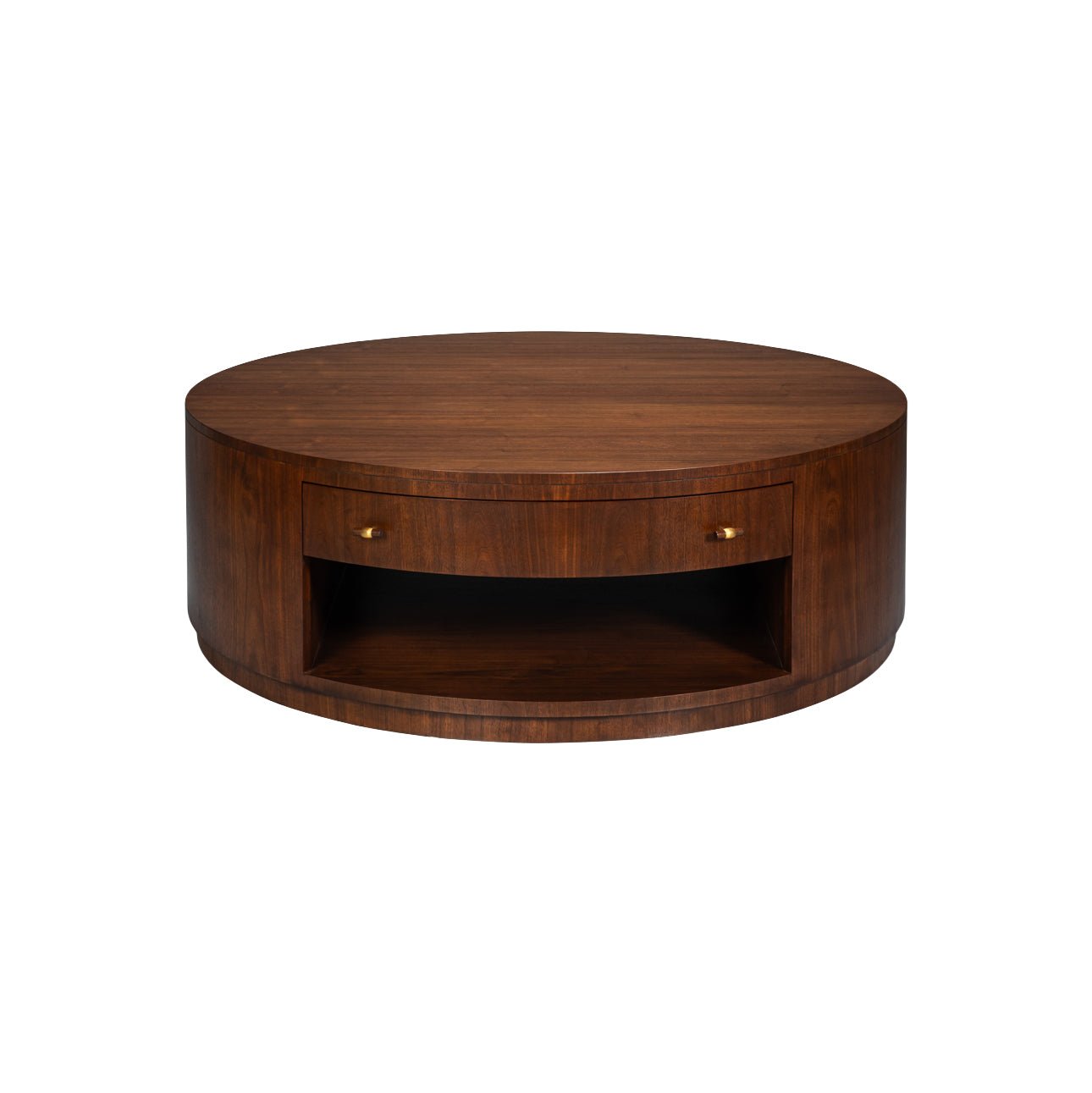 Front view of mid-century modern coffee table with drawer.