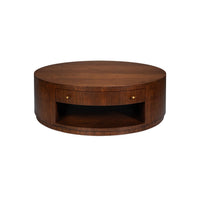 Front view of mid-century modern coffee table with drawer.