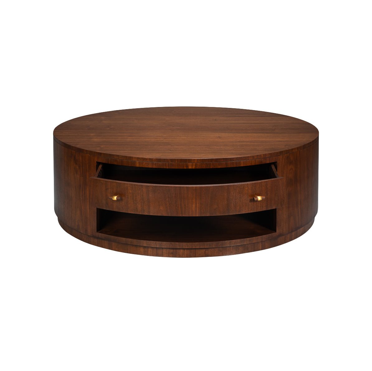 Coffee table with highlighted front drawer, wood finish.